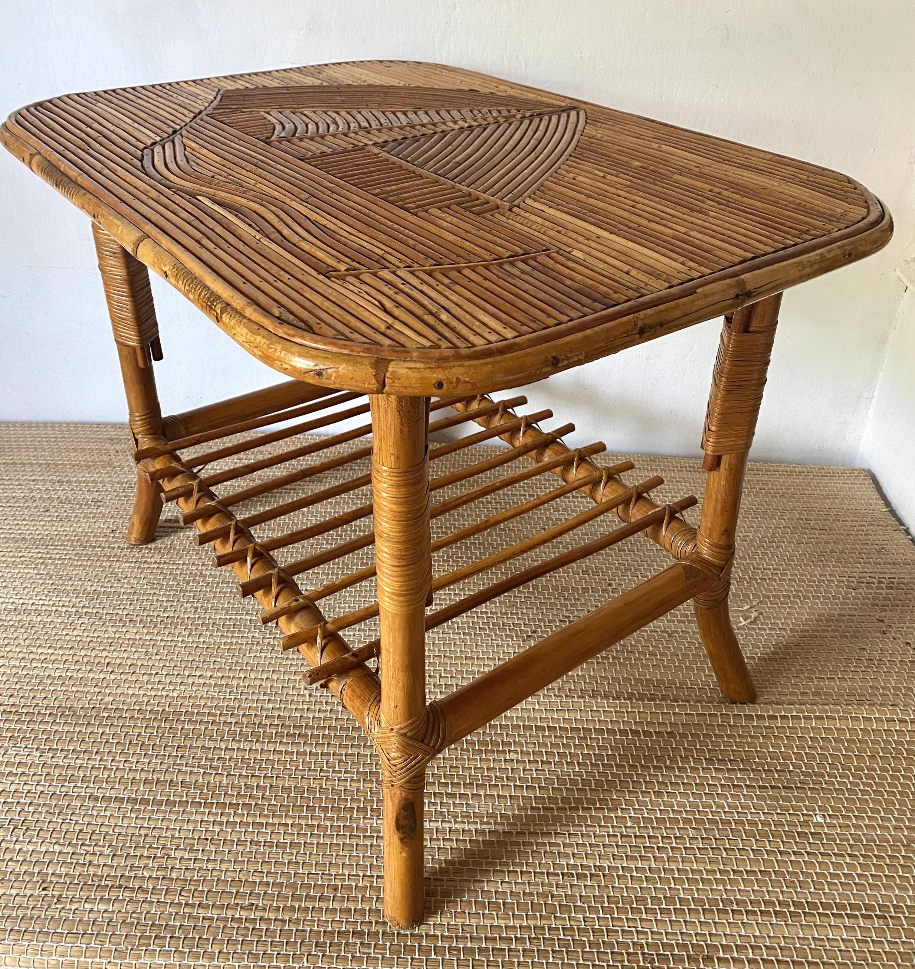 Rattan coffee table with sailboat decor from the 60s