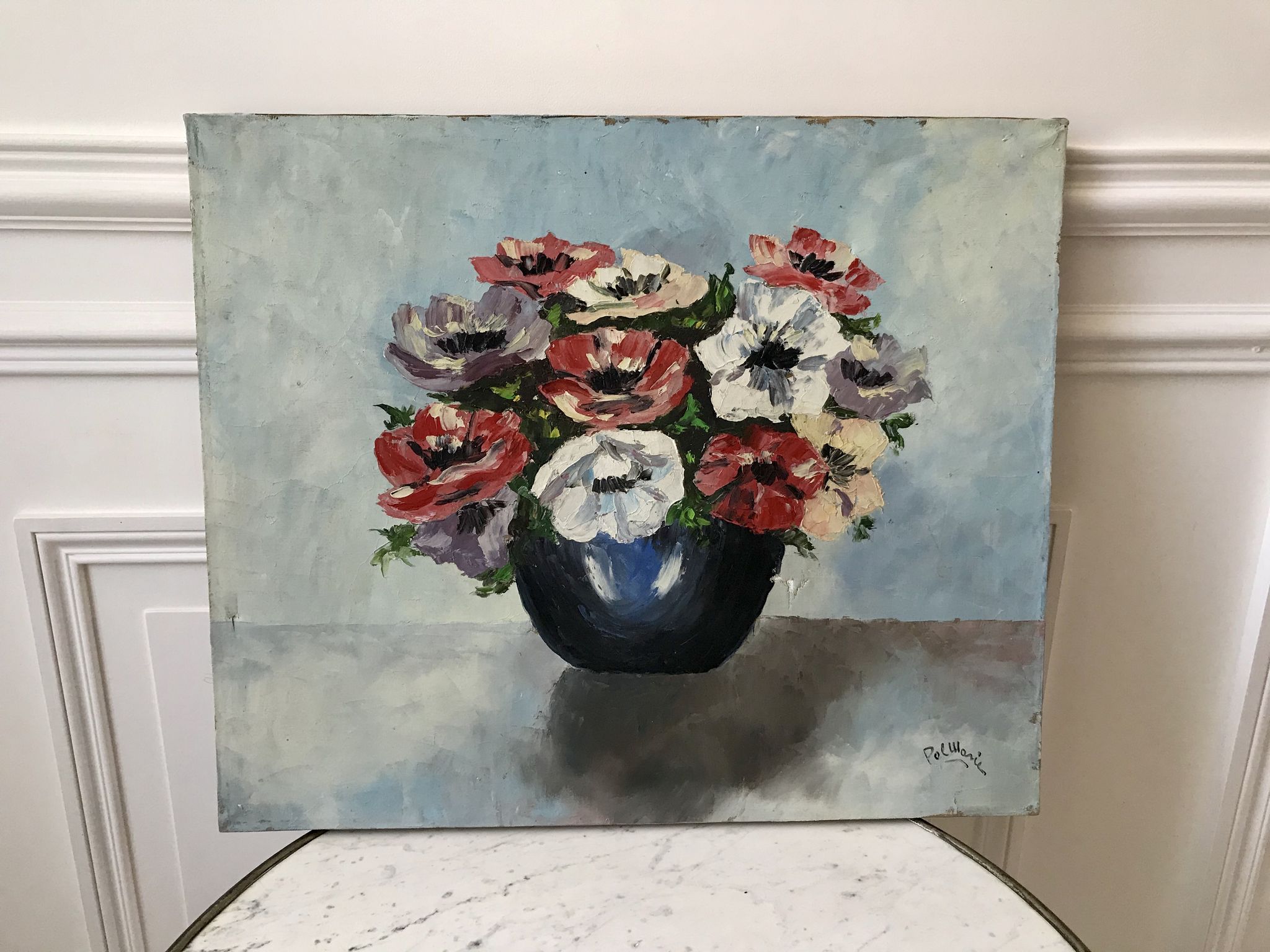 Old painting signed oil on canvas bouquet of vintage anemone flowers