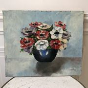 Old painting signed oil on canvas bouquet of vintage anemone flowers