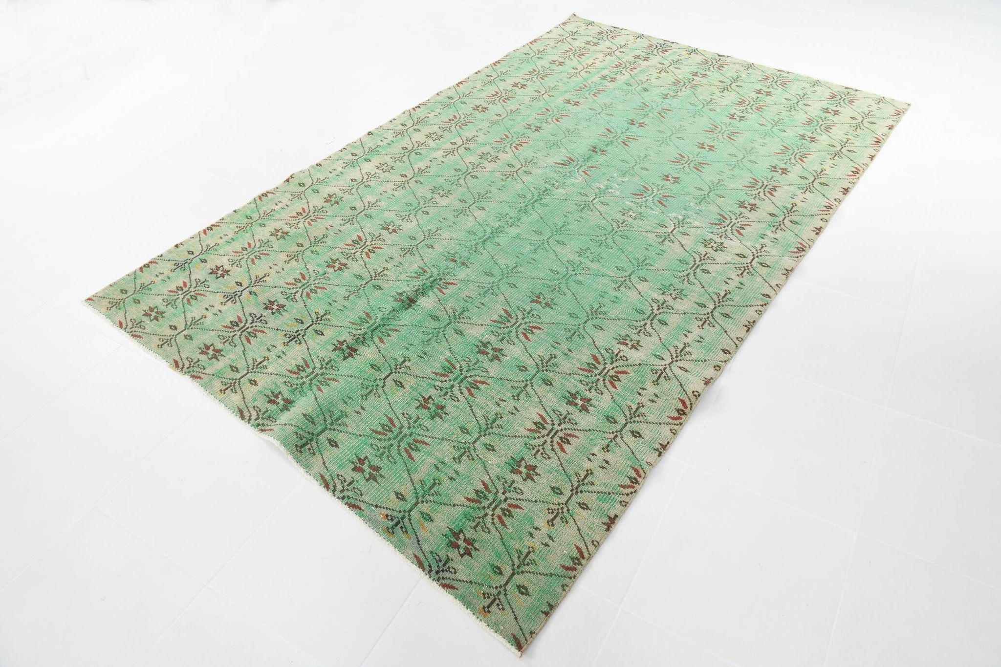 6x9 Vintage Green Geometric Pattern Anatolian Vintage Rug, 179x283 Cm