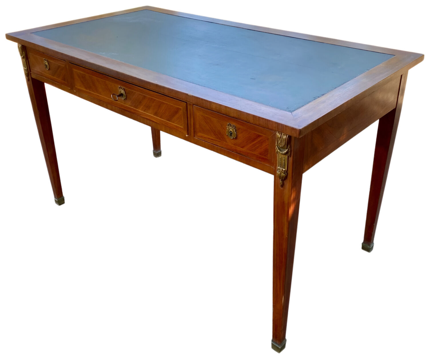 Louis XVI desk with veneer and brass, 3 drawers.