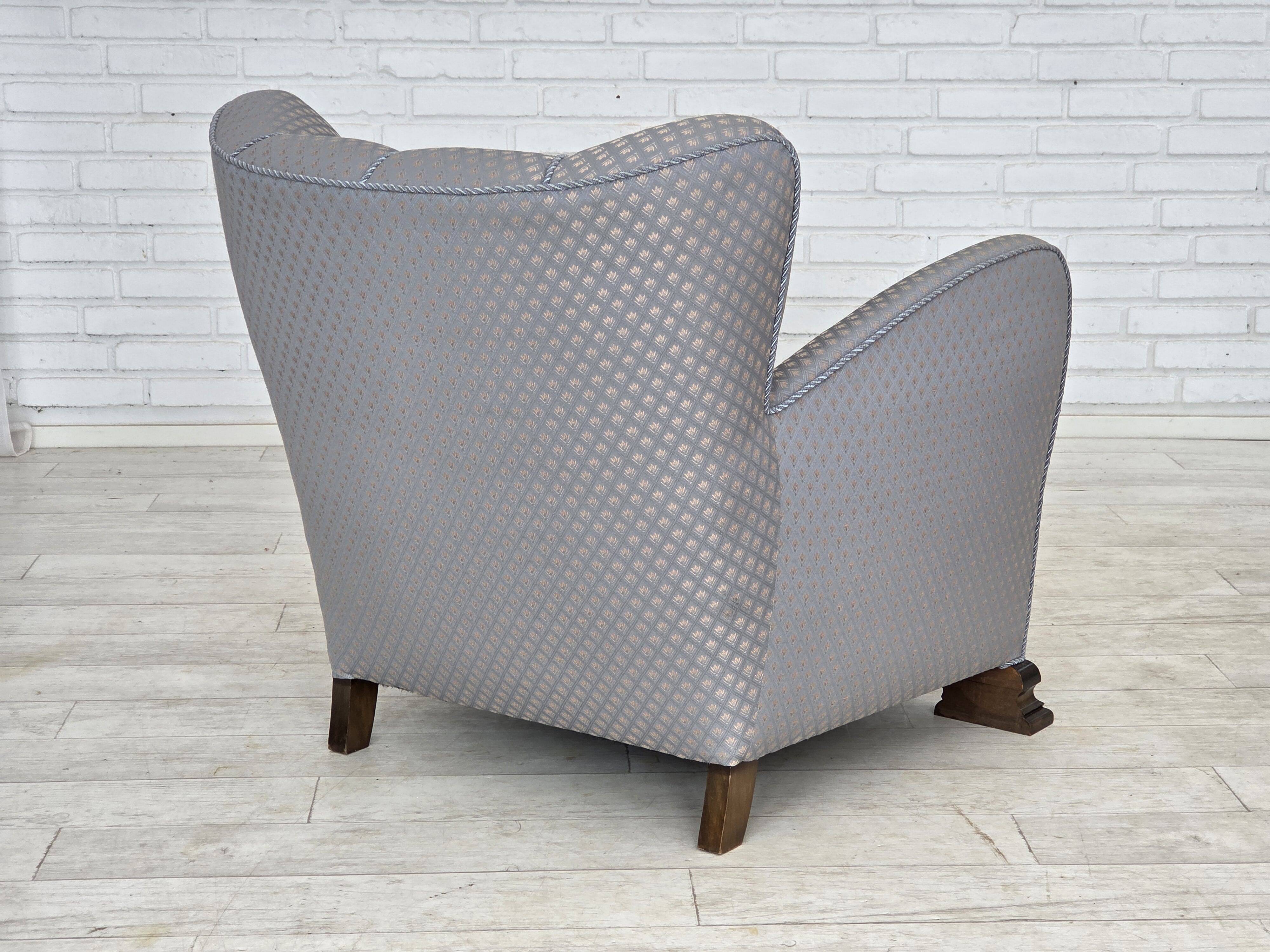 1950s, Danish armchair, furniture fabric, carved oak wood.