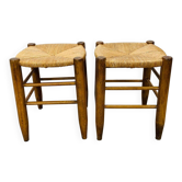 Pair of straw and wood stools, 1960s, neo-rustic style.
