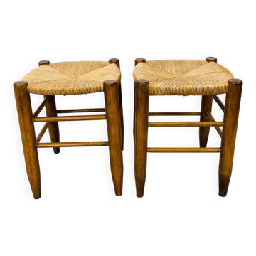 Pair of straw and wood stools, 1960s, neo-rustic style.