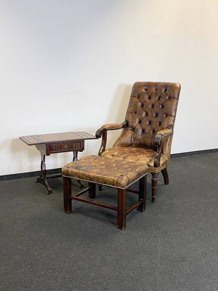 Antique Chesterfield Wing Chair with Stool and English Side Table