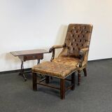 Antique Chesterfield Wing Chair with Stool and English Side Table