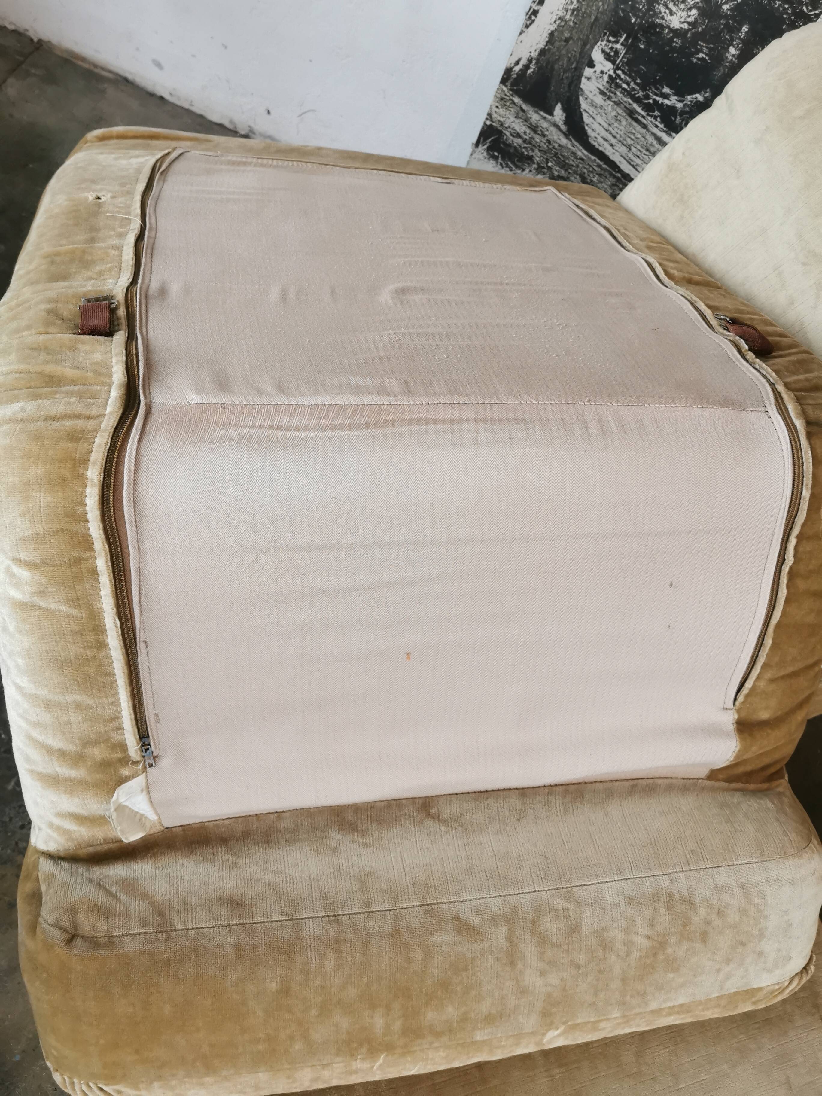 Pair of modular velvet armchairs and ottoman