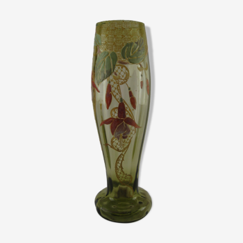 Baluster vase on pedestal enamelled glass legras decoration flowers of fuchsia and gold