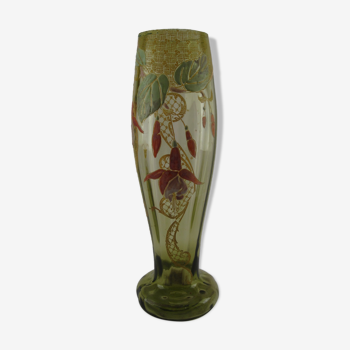 Vase balustre sur piédouche verre émaillé legras décor fleurs de fuchsia et or