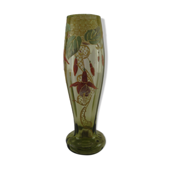 Baluster vase on pedestal enamelled glass legras decoration flowers of fuchsia and gold