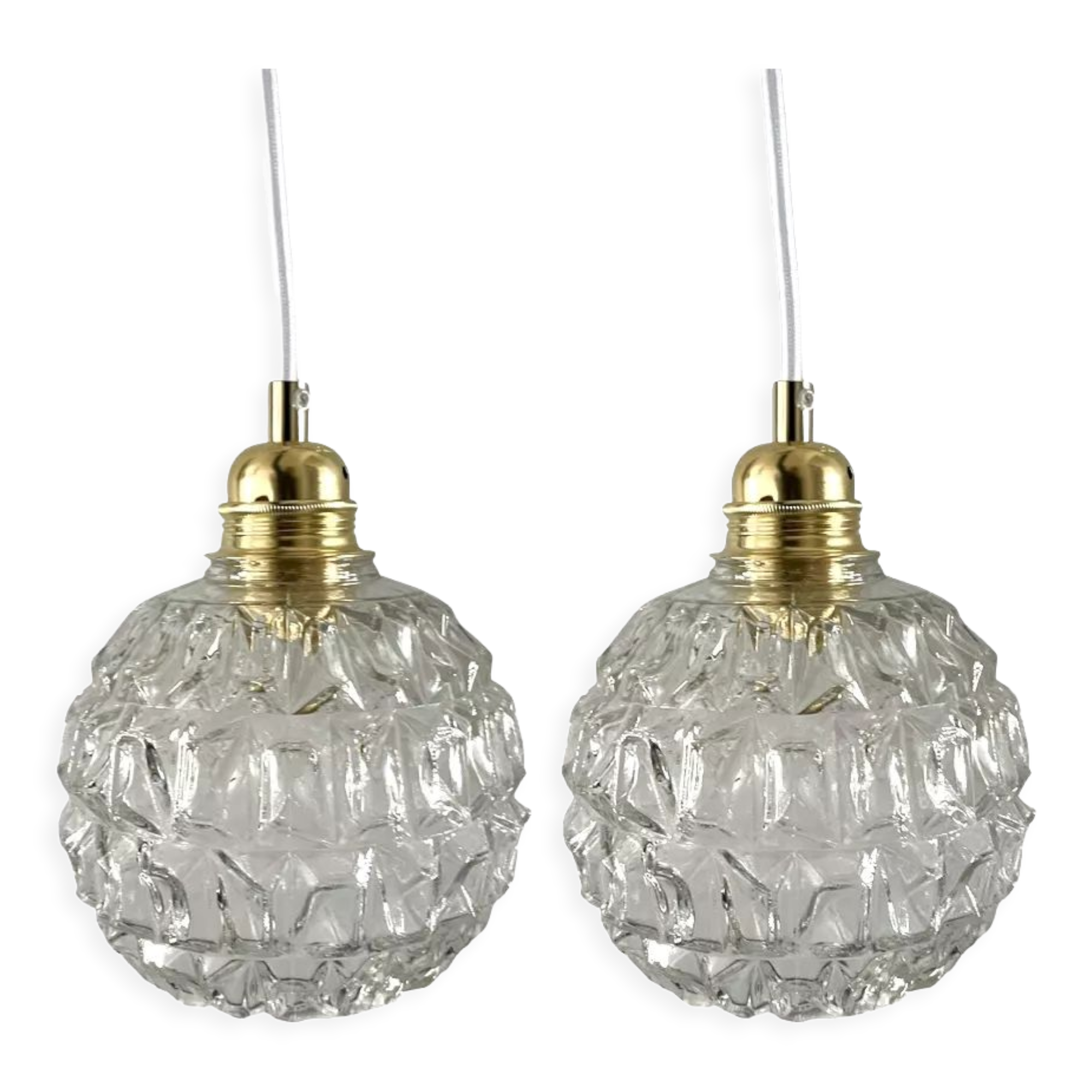 Set of two vintage electrified glass pendant lamps