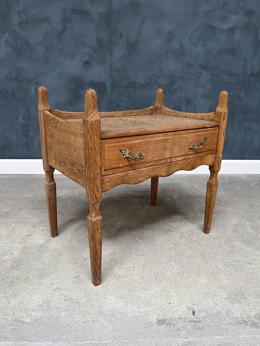 Vintage Oak Bedside Table with Brass Handle by Henning Kjærnulf, 1950s