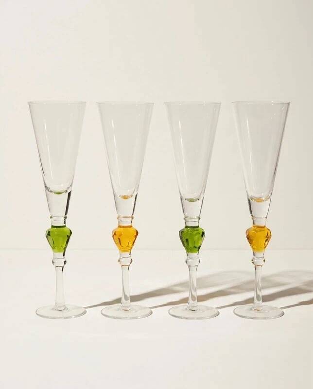 Set of 4 glass champagne flutes with coloured stems – contemporary/vintage style