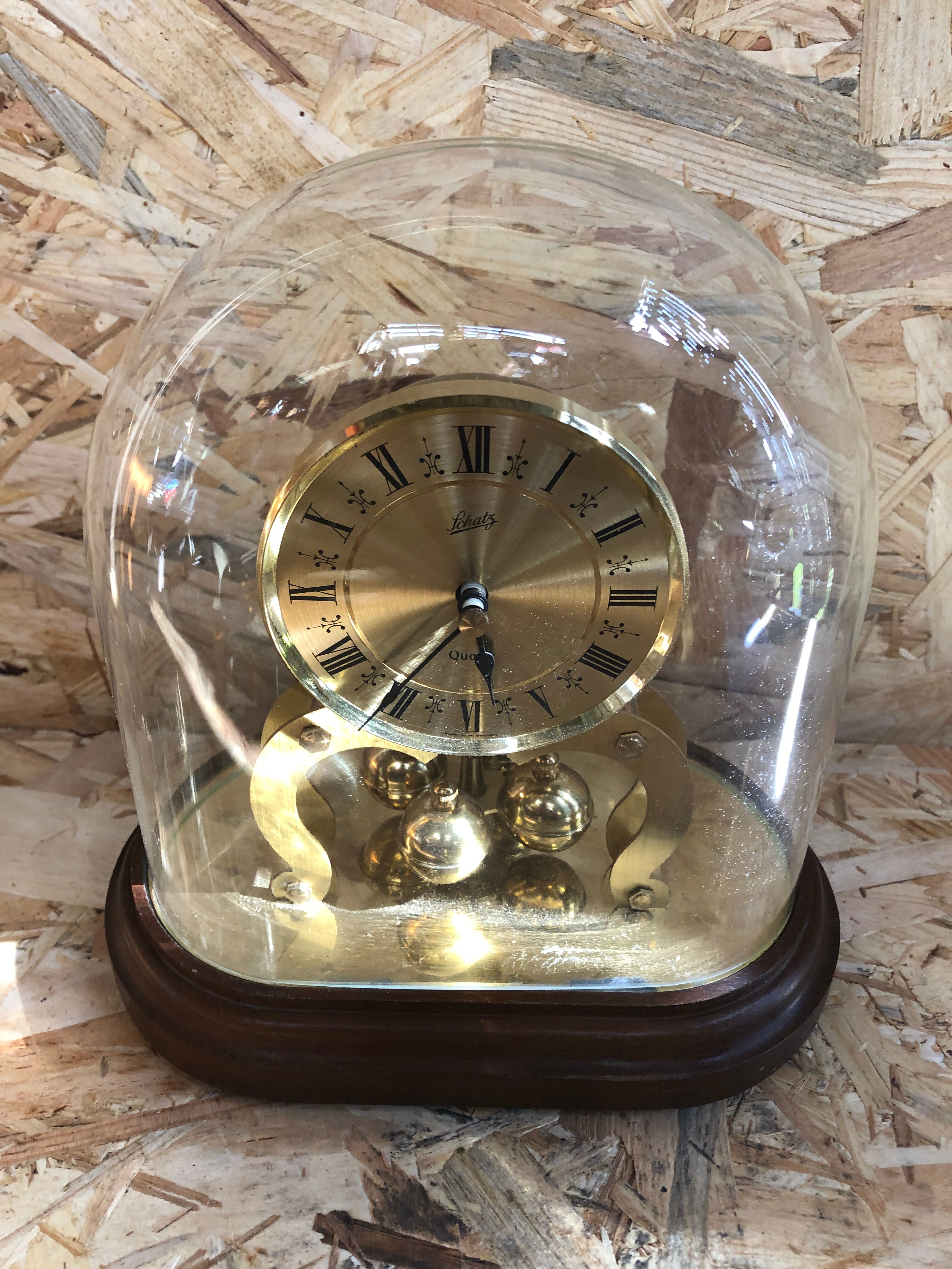 Old clock pendulum 400 days schatz gold metal + bell vintage glass