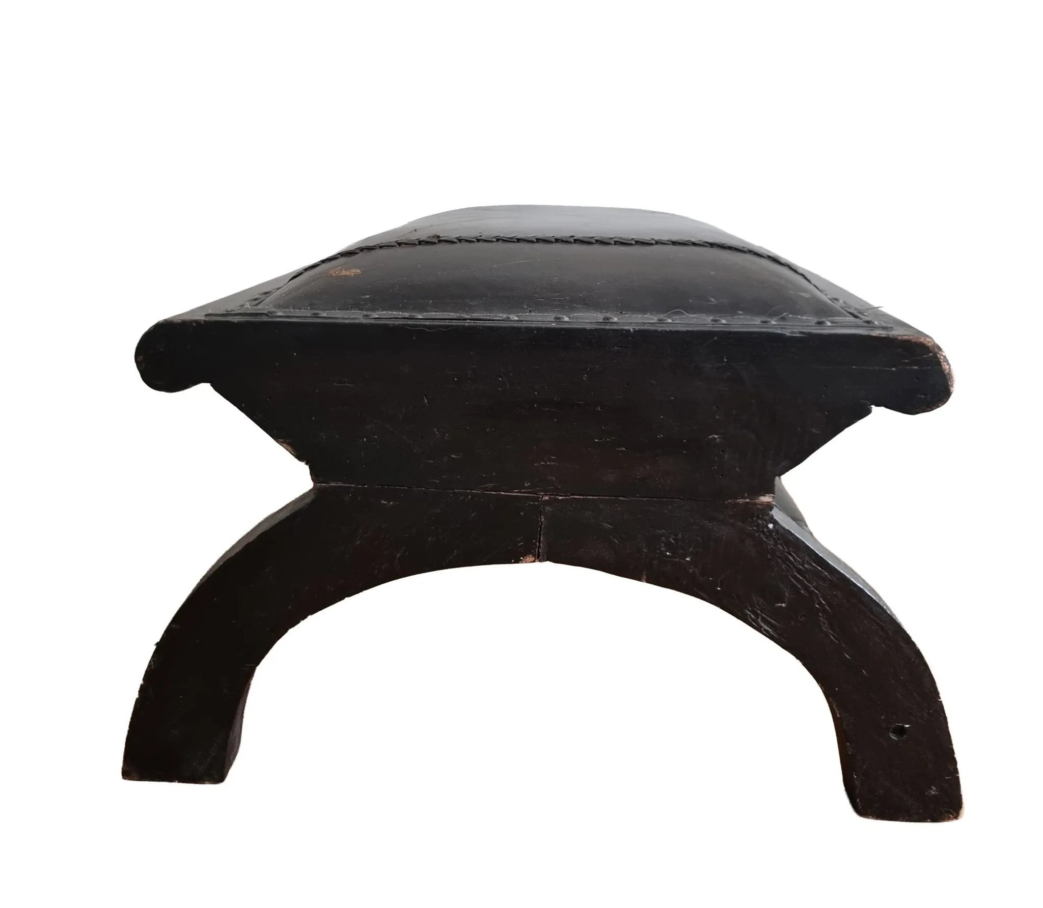 Black leather footstool with curved legs – vintage
