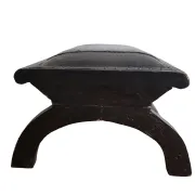 Black leather footstool with curved legs – vintage