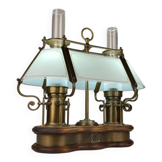 Vintage wooden and brass table lamp by Qvist & Co, Sweden, 1970s.