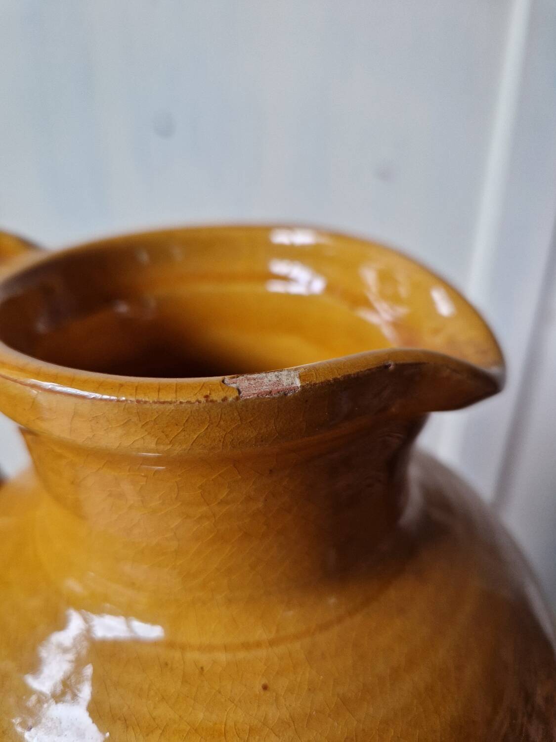 Antique glazed terracotta pitcher, brown semi-glazed jug, vase
