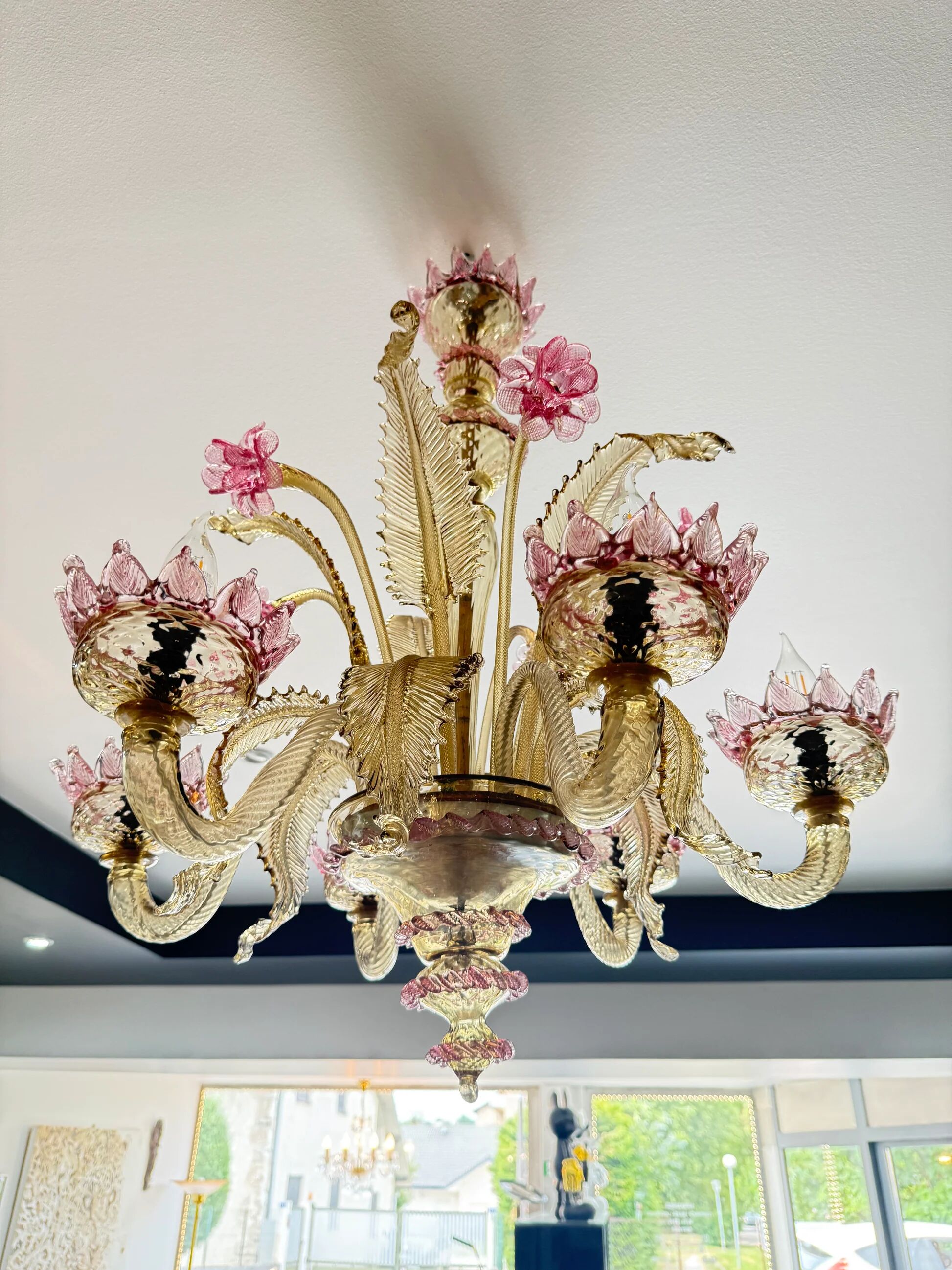 Venetian glass chandelier with pink and gold floral decoration – 6 lights