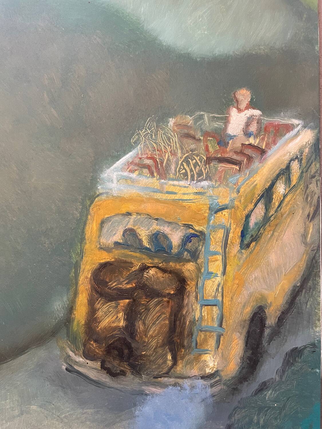 Painting of a character traveling in a bus, van 20th century