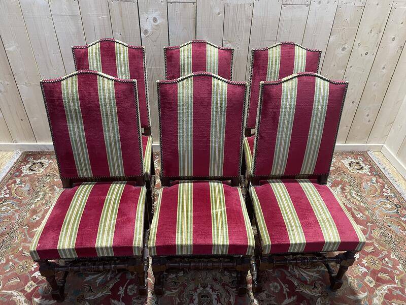 Suite de 6 chaises de style Louis XIII velours rayé