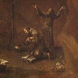 Antique Genoese painting from the 18th century, monks praying in a cave