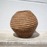 Old basket, burgundy straw and bramble, woven basket, interior decoration