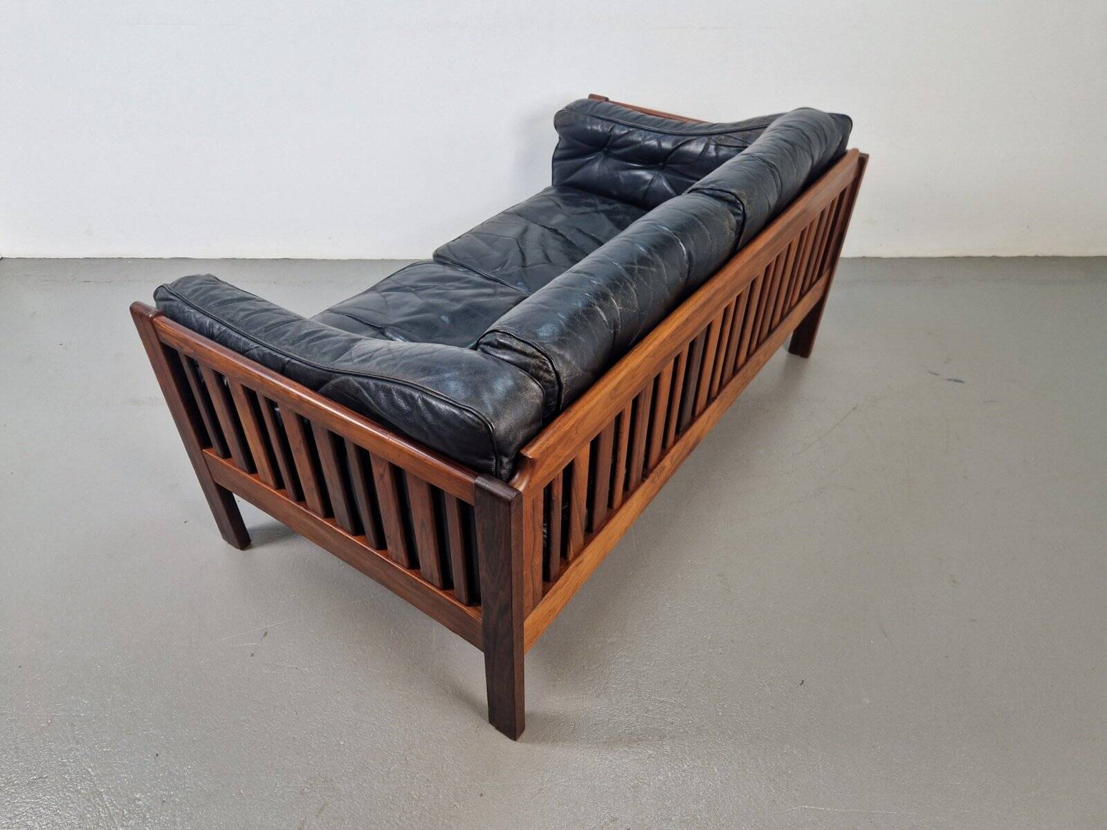 Mid-Century Modern Scandinavian Monte Carlo Sofa in Black Leather and Wood by Ingvar Stockum, 1965