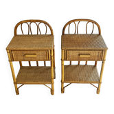 Pair of vintage bedside tables in rattan and woven wicker – Italy, 1970s