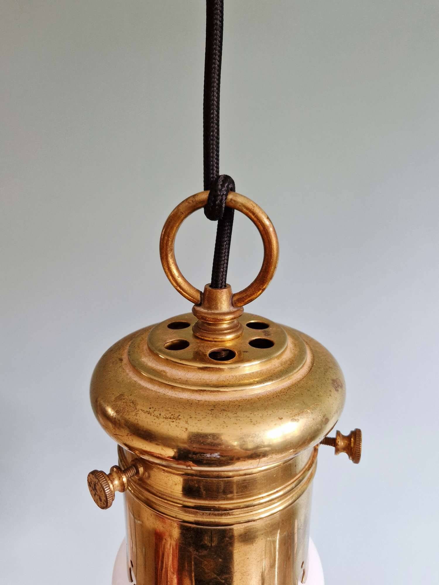 Large bulbous pendant light in white opaline and brass