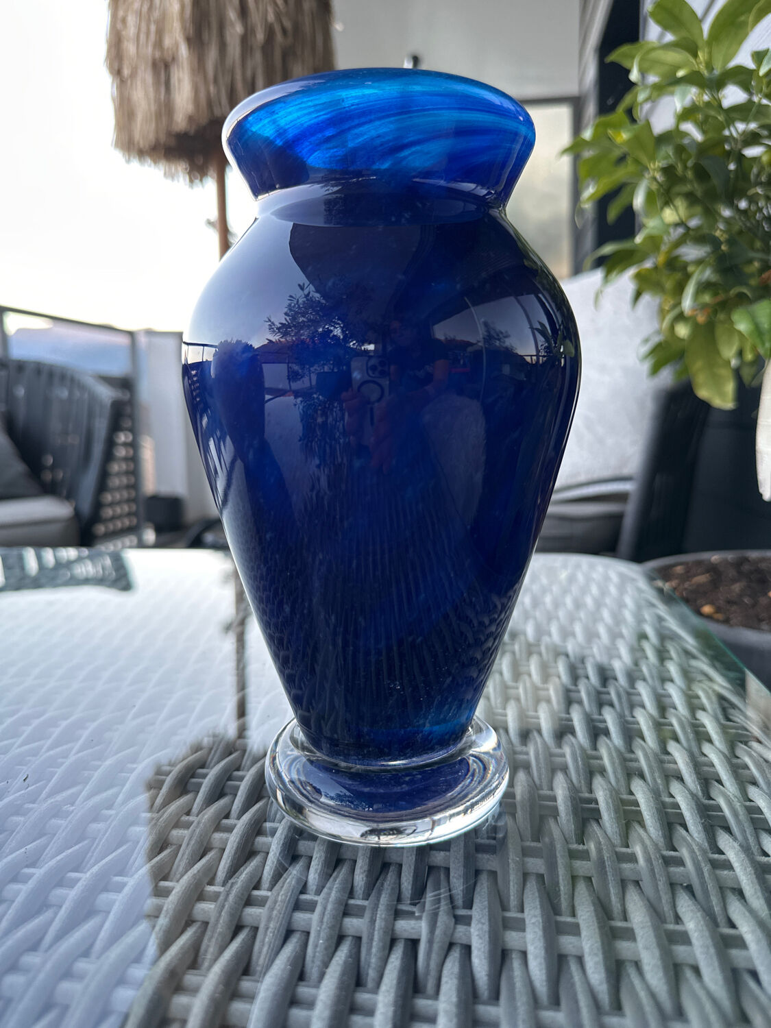 Cobalt blue glass vase, signed, glass art piece.