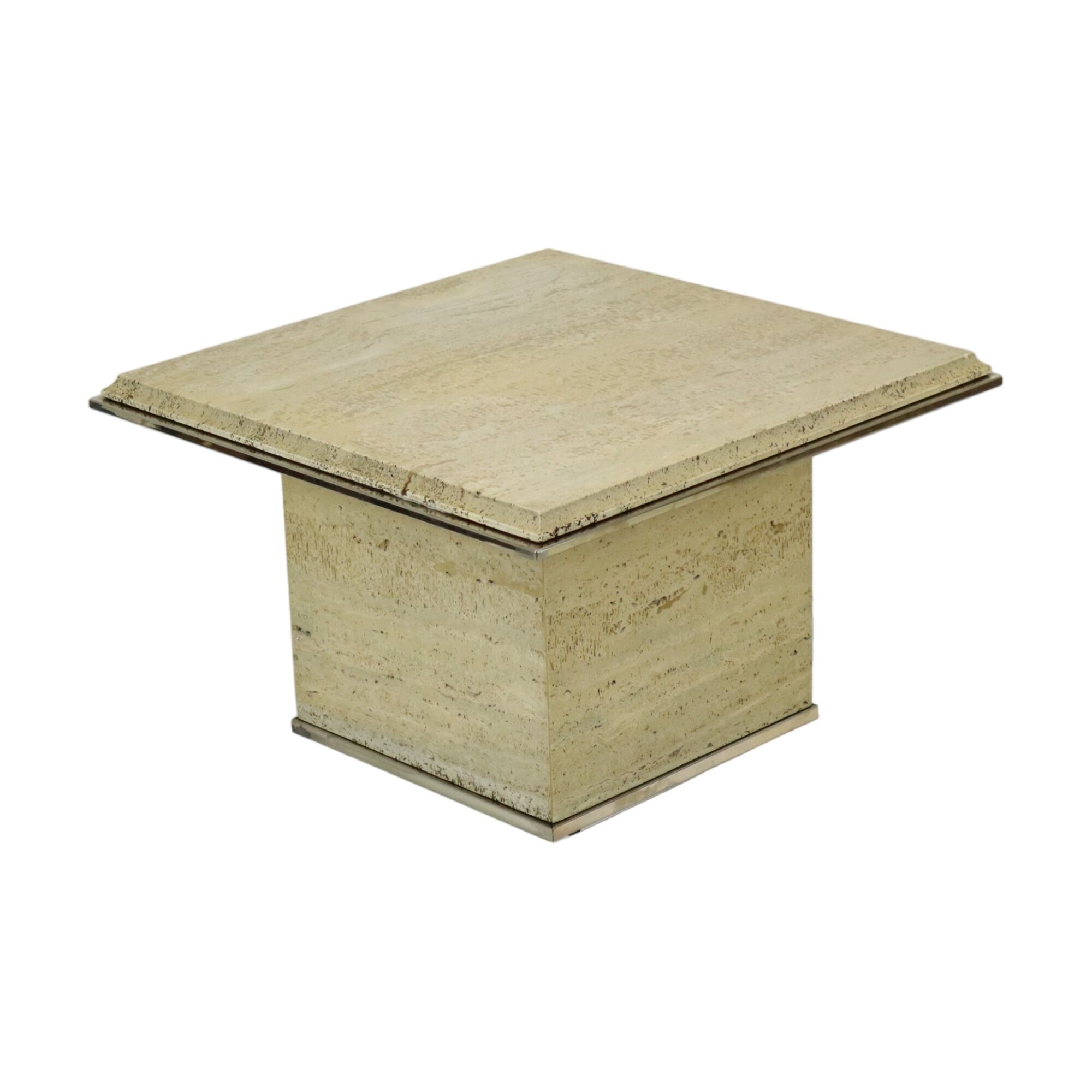 Vintage coffee table side table travertine chrome fedam belgium 1970s design