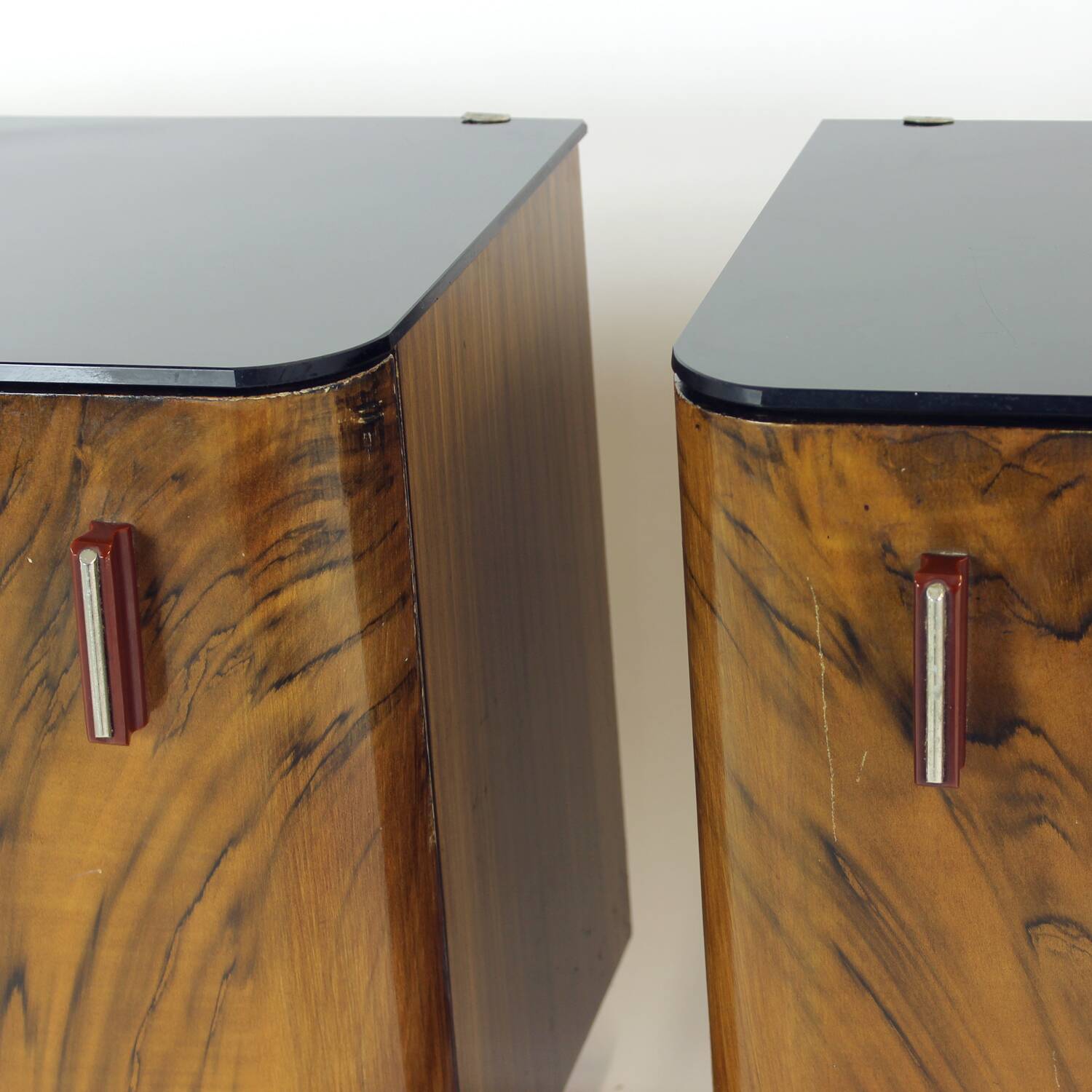 Pair Of Art Deco Bedside Tables With Faux Wood Graining & Glass, Czechoslov