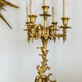 Pair of gilded bronze candlesticks, marble bases.