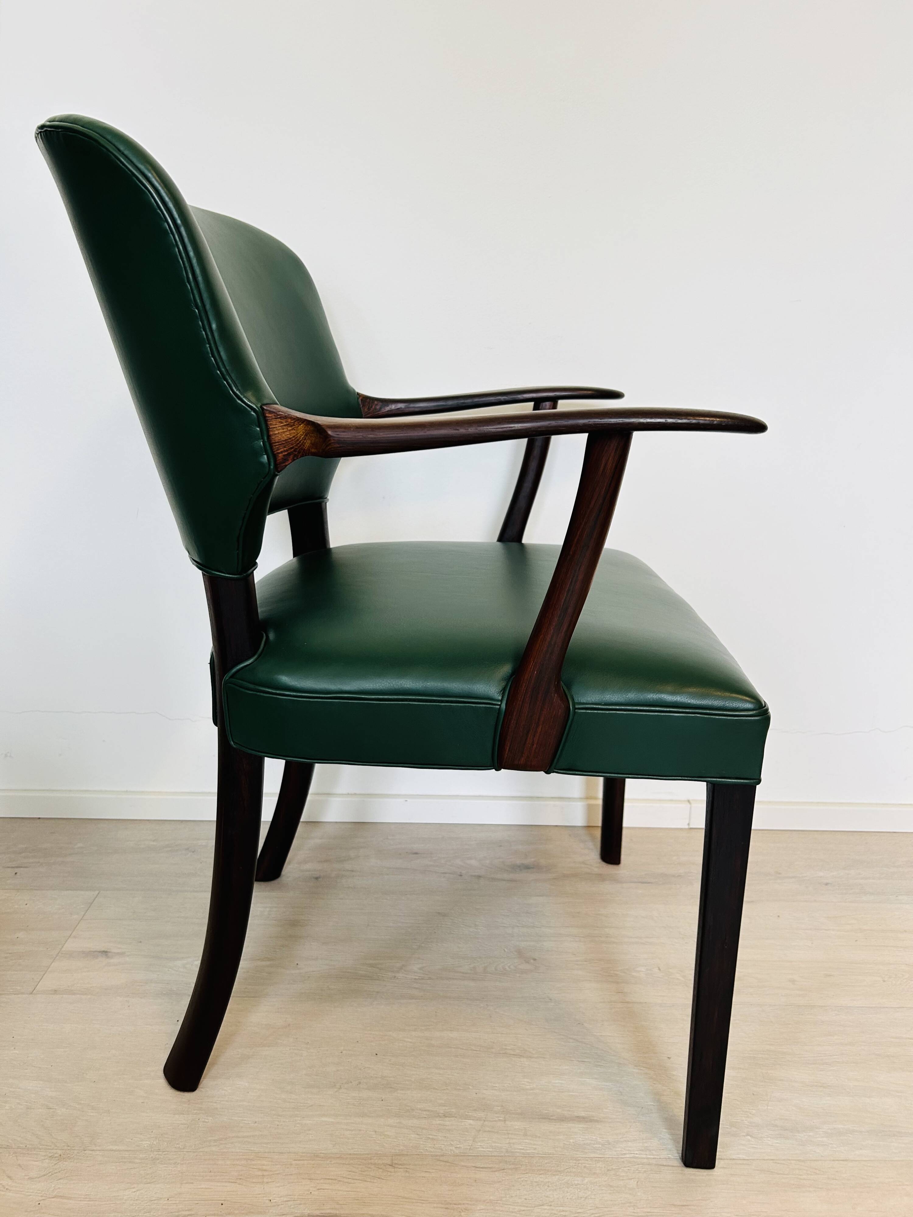 Danish Rosewood Green Leather Fully Restored Armchair, 1960´s