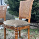 2 cane and velvet armchairs