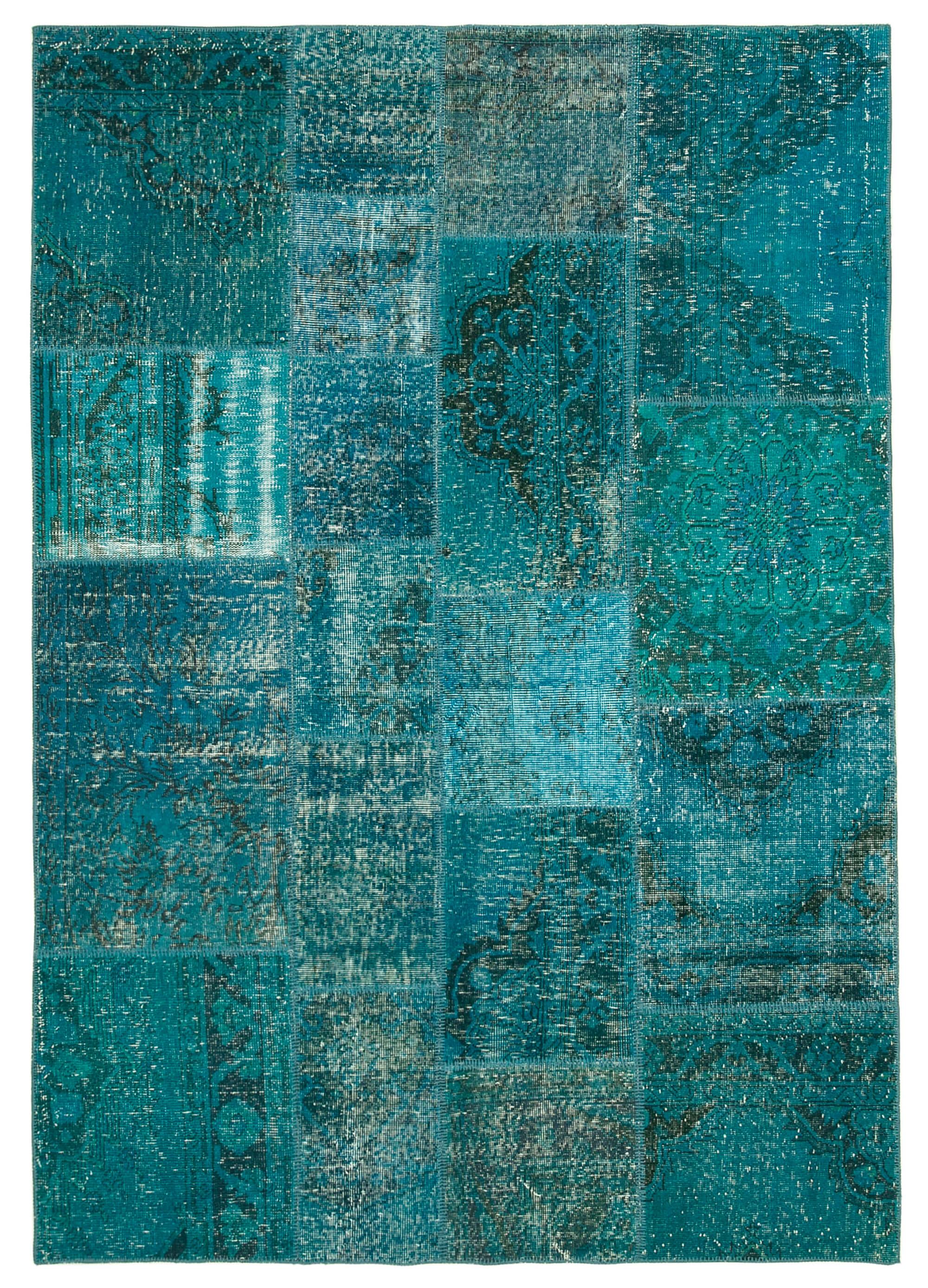Handwoven oriental overdyed 171 cm x 244 cm turquoise patchwork rug
