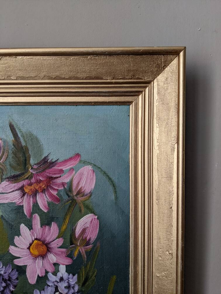 Acrylic painting on canvas, bohemian countryside decoration, flowers, still life