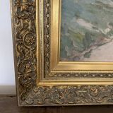 Old oil painting on canvas attributed to R. SCHWAB. Village vintage gilded wood frame 65 x 80 cm