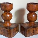 Pair of old brutalist turned solid wood candlesticks