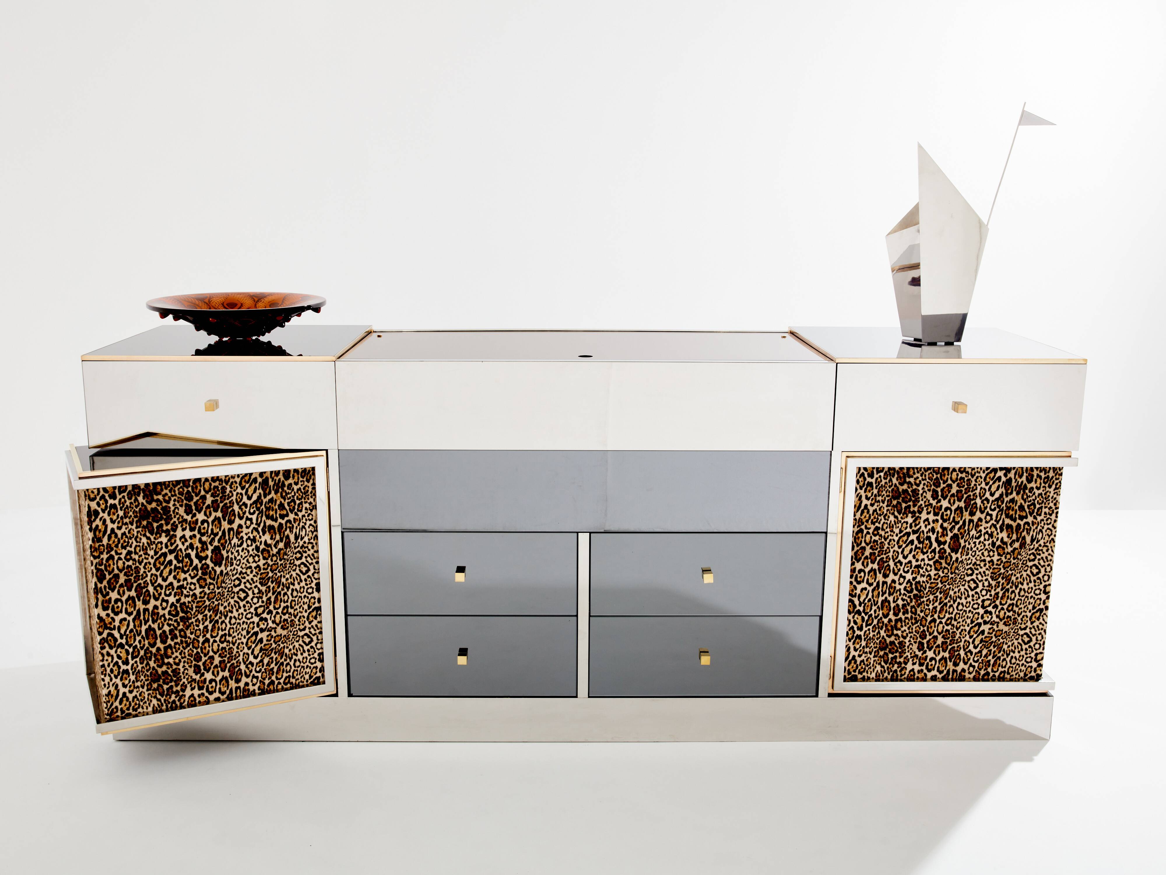 Leopard velvet mirror brass chrome sideboard Michel Pigneres 1969