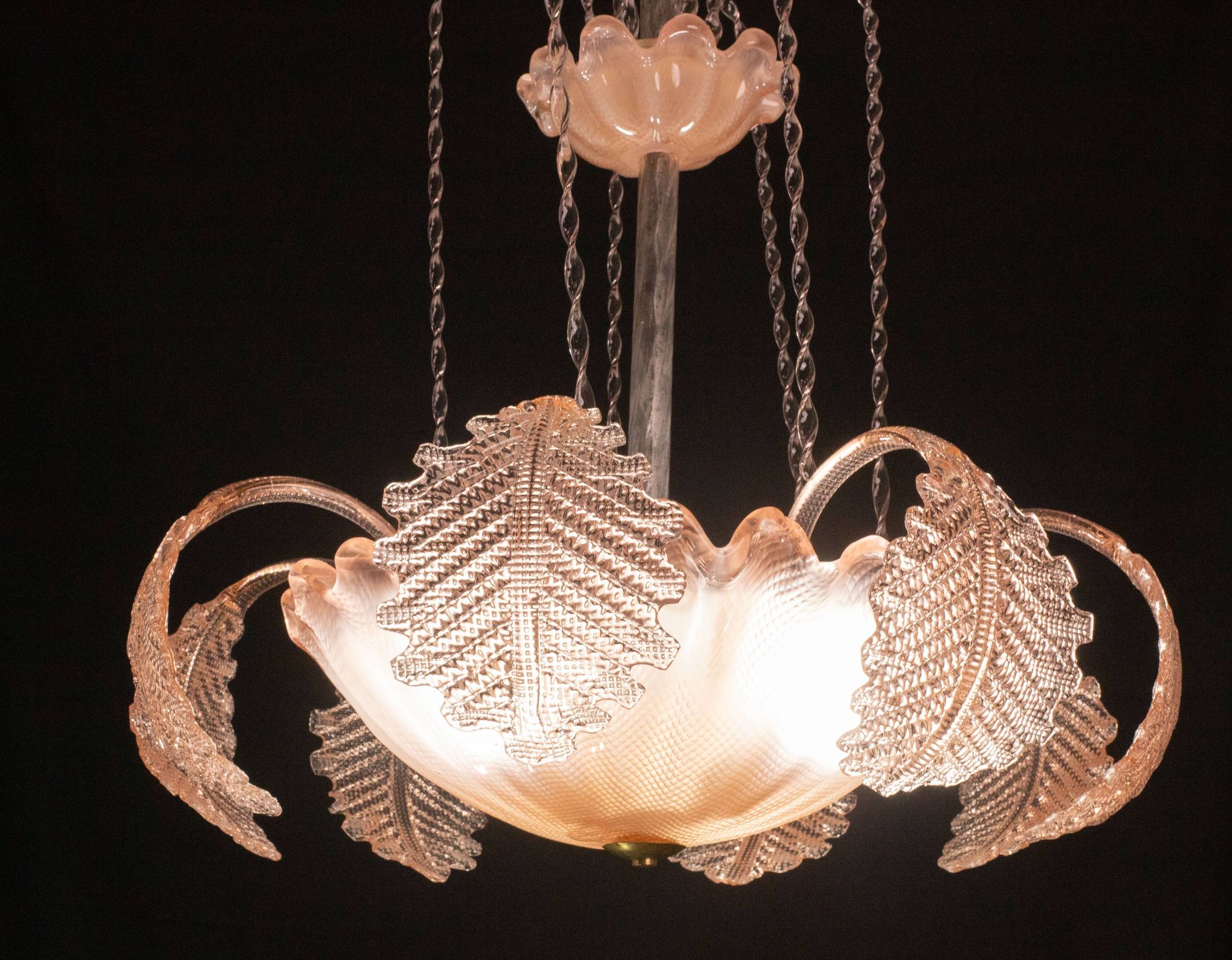 Pink Art Decò Barovier e Toso "Fountain" Pendant Light, Murano Glass, 1940s