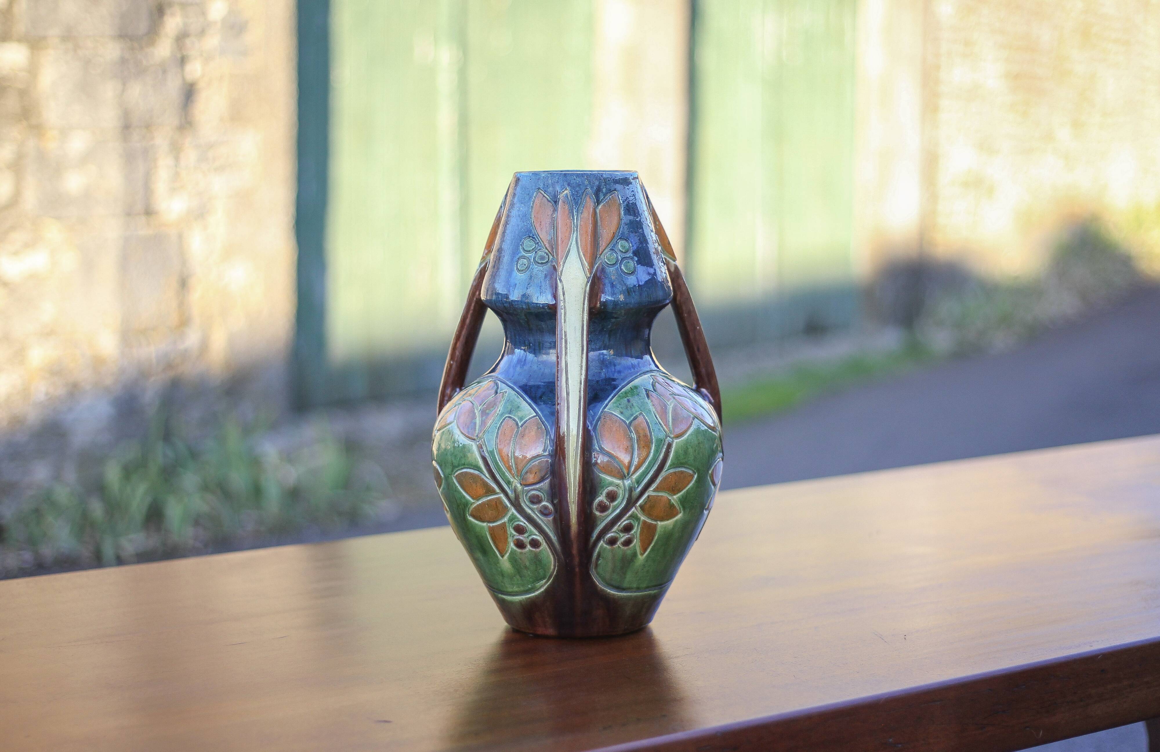 Large Art Deco vase, enamelled terracotta vase with floral motifs, Vase with tripod handles, Art Nouveau