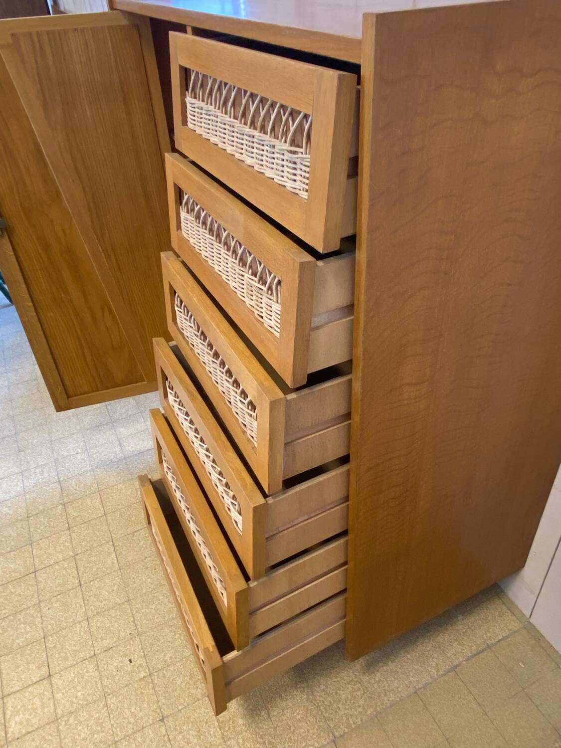 Wood and rattan chest of drawers and wardrobe