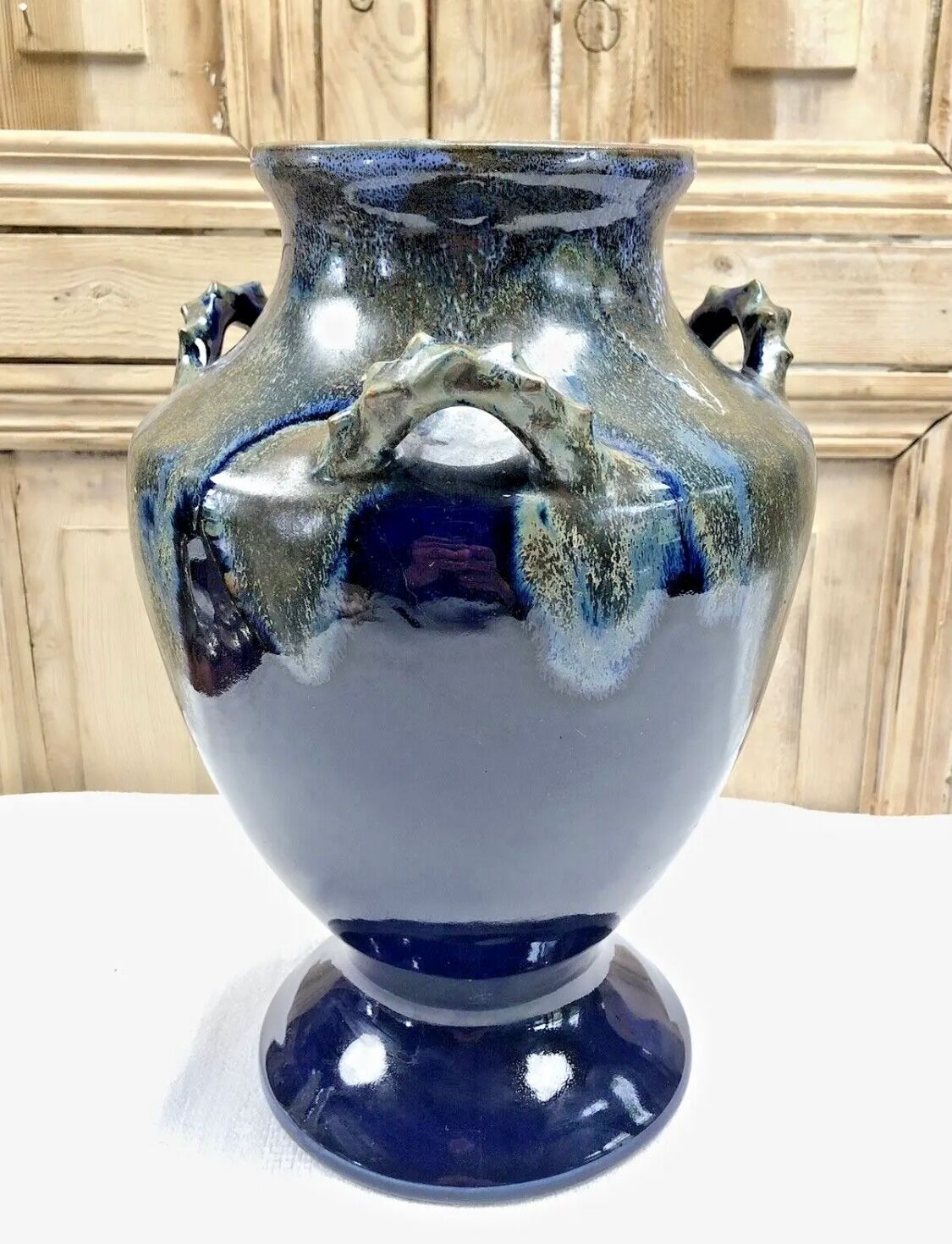 Old large sandstone vase signed Maure Lebret de Ligers Puisaye triple handles