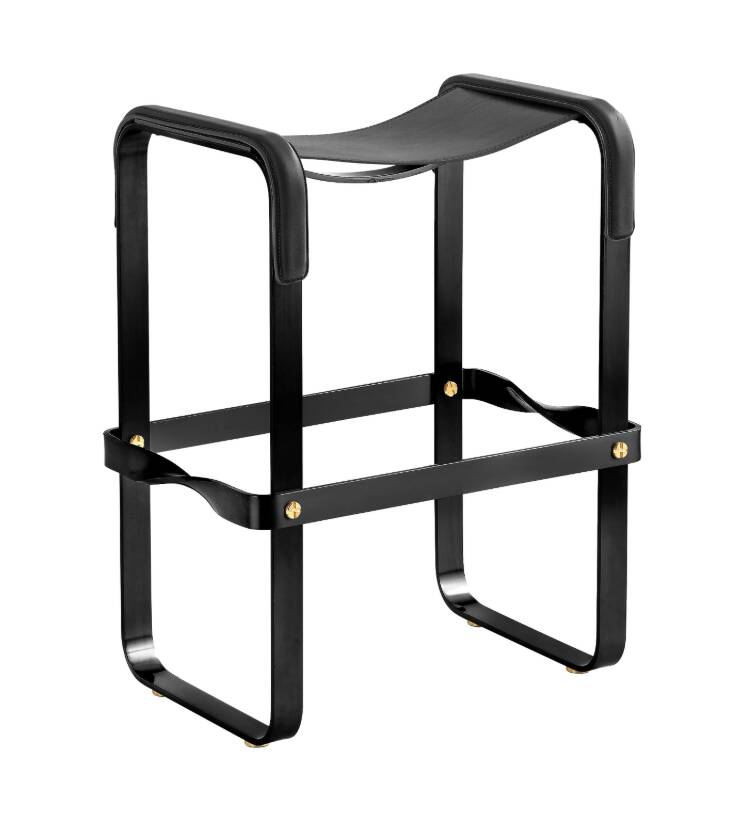Kitchen stool, contemporary design, black smoked steel and black leather.