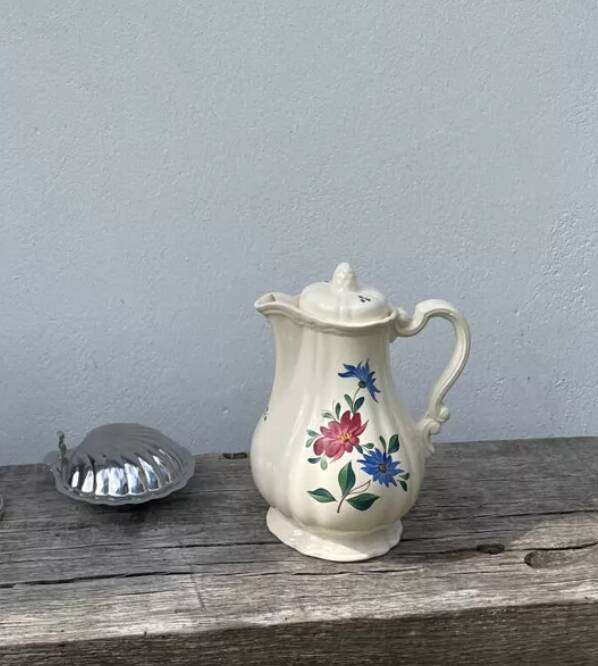 Large ceramic teapot with floral decoration, Digoin Sarreguemines