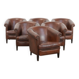 Unique set of 6 cognac-coloured cow leather club armchairs