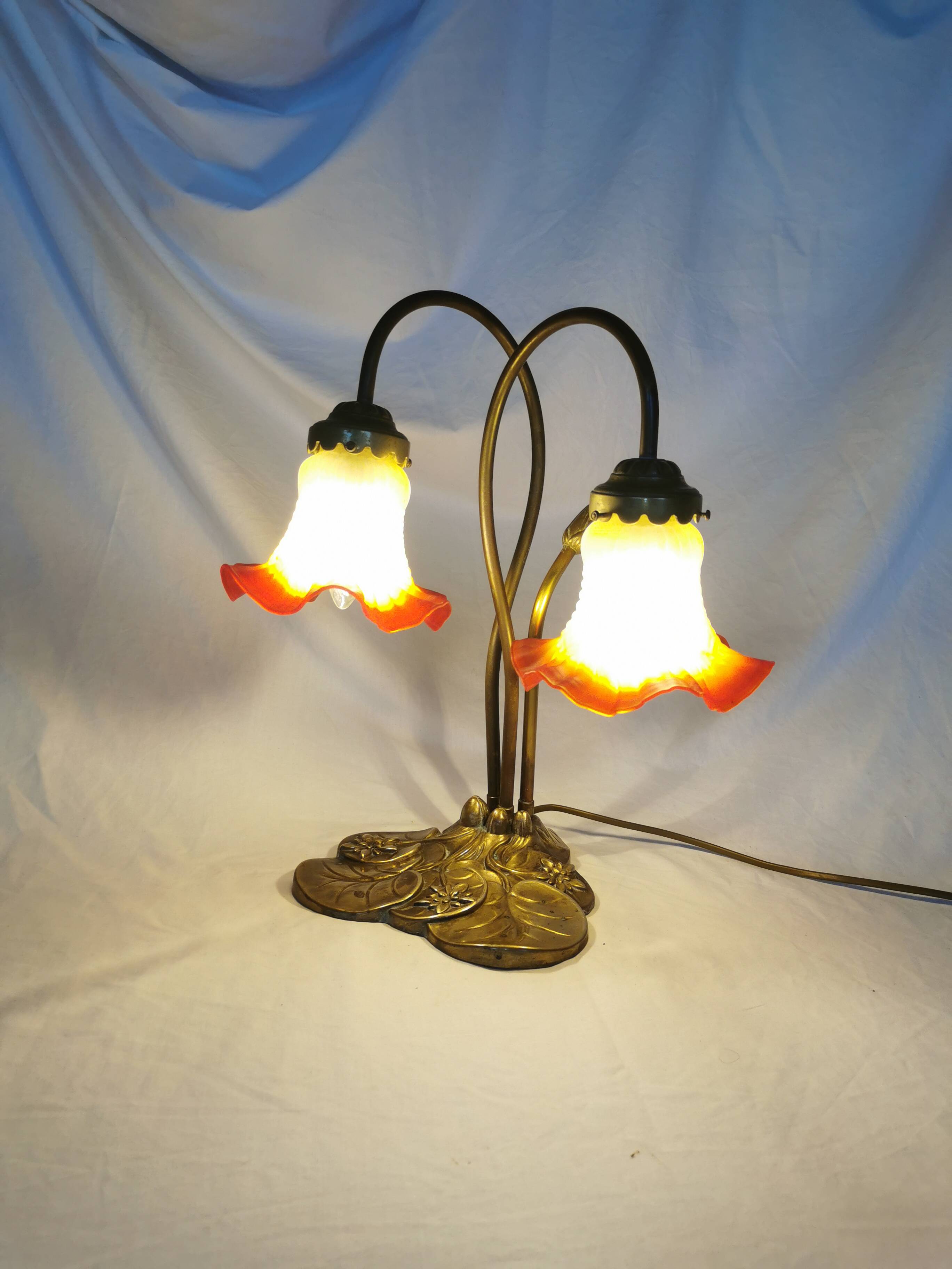 Brass water lily lamp and glass paste tulip, double, art nouveau style.