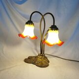 Brass water lily lamp and glass paste tulip, double, art nouveau style.